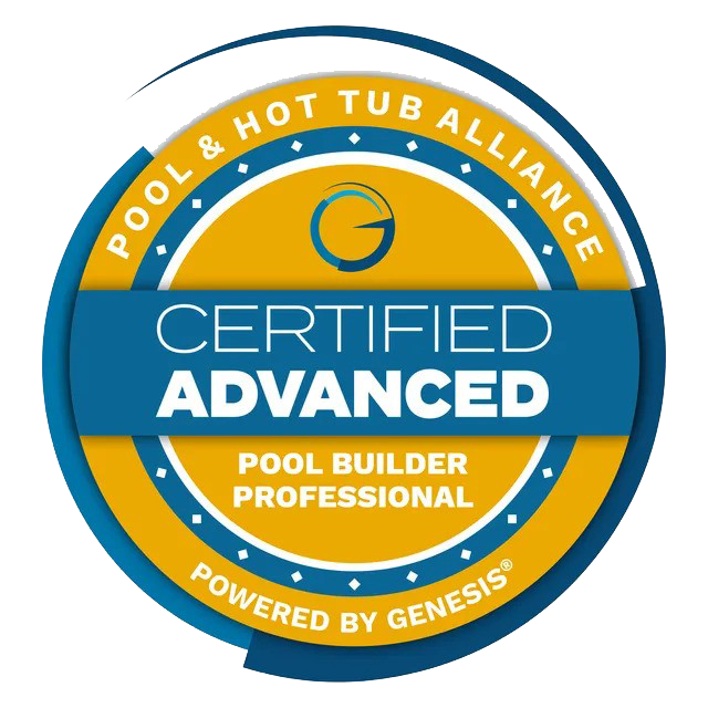 Circular blue and gold certification badge reading “Certified Advanced Pool Builder Professional”