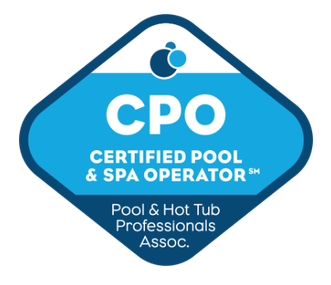Blue CPO Certified Pool & Spa Operator logo with Pool & Hot Tub Professionals Association text
