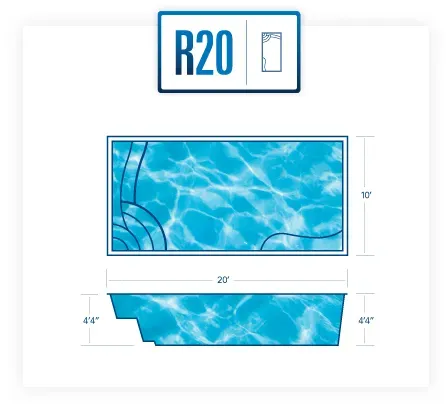 R20 rectangular pool liner with blue water pattern and corner curve details, labeled 20' x 10' and 4'4