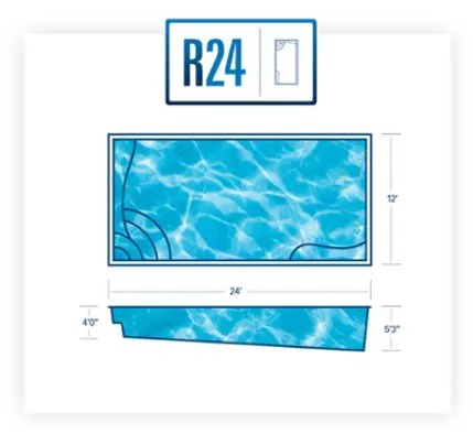 R24 blue rectangular window insert with white frame dimensions and side view diagram