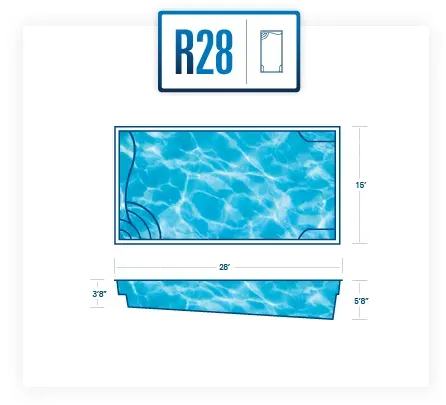 R28 rectangular blue pool with top and side dimensions shown