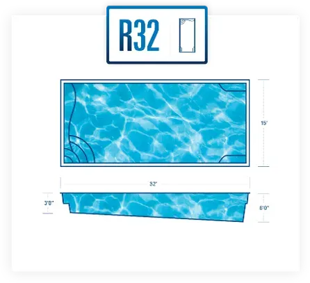 R32 pool layout diagram with top and side views, showing dimensions and blue water pattern