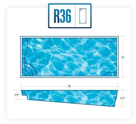 R36 blue pool liner layout with rectangular top view and angled side view, water ripple pattern
