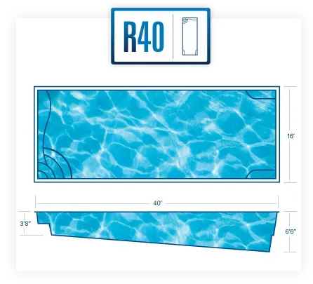 R40 rectangular pool liner with blue water pattern, showing top and side views with dimensions.
