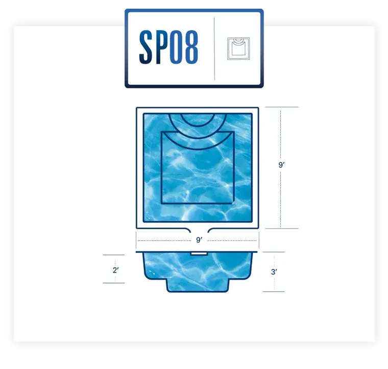 Blueprint-style diagram labeled “SP08” showing a blue square design with measurements.