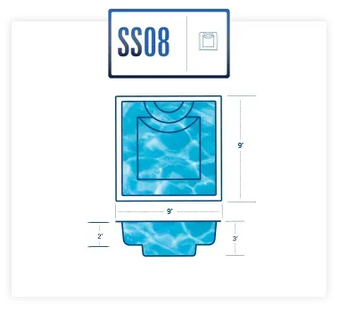 Blue square device or package labeled “SS08” with front and side dimension measurements.