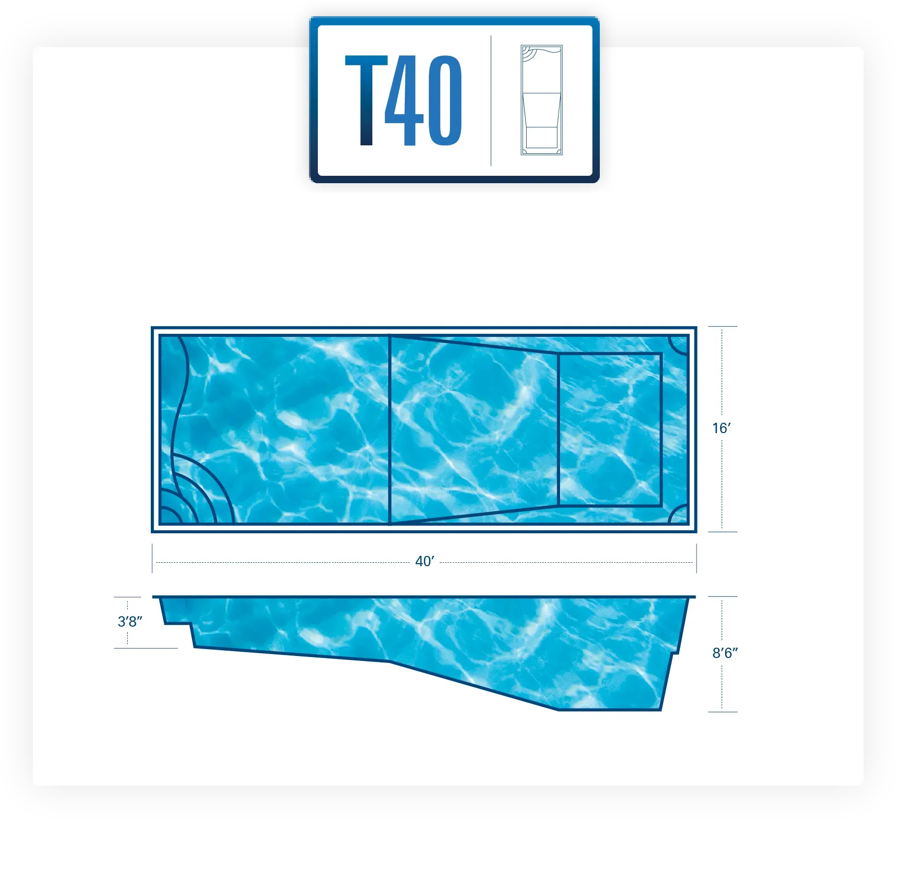Blue modern cabinet layout with a floating top panel and angled base, labeled T40.