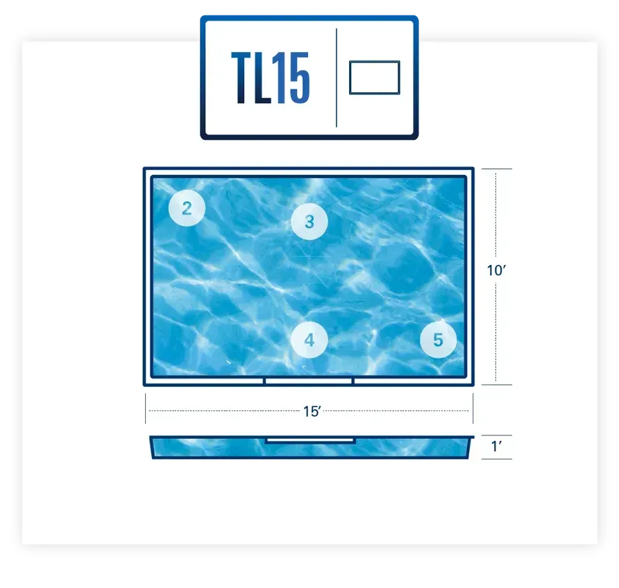 TL15 blue rectangular pool liner with dimensions marked and layout diagram