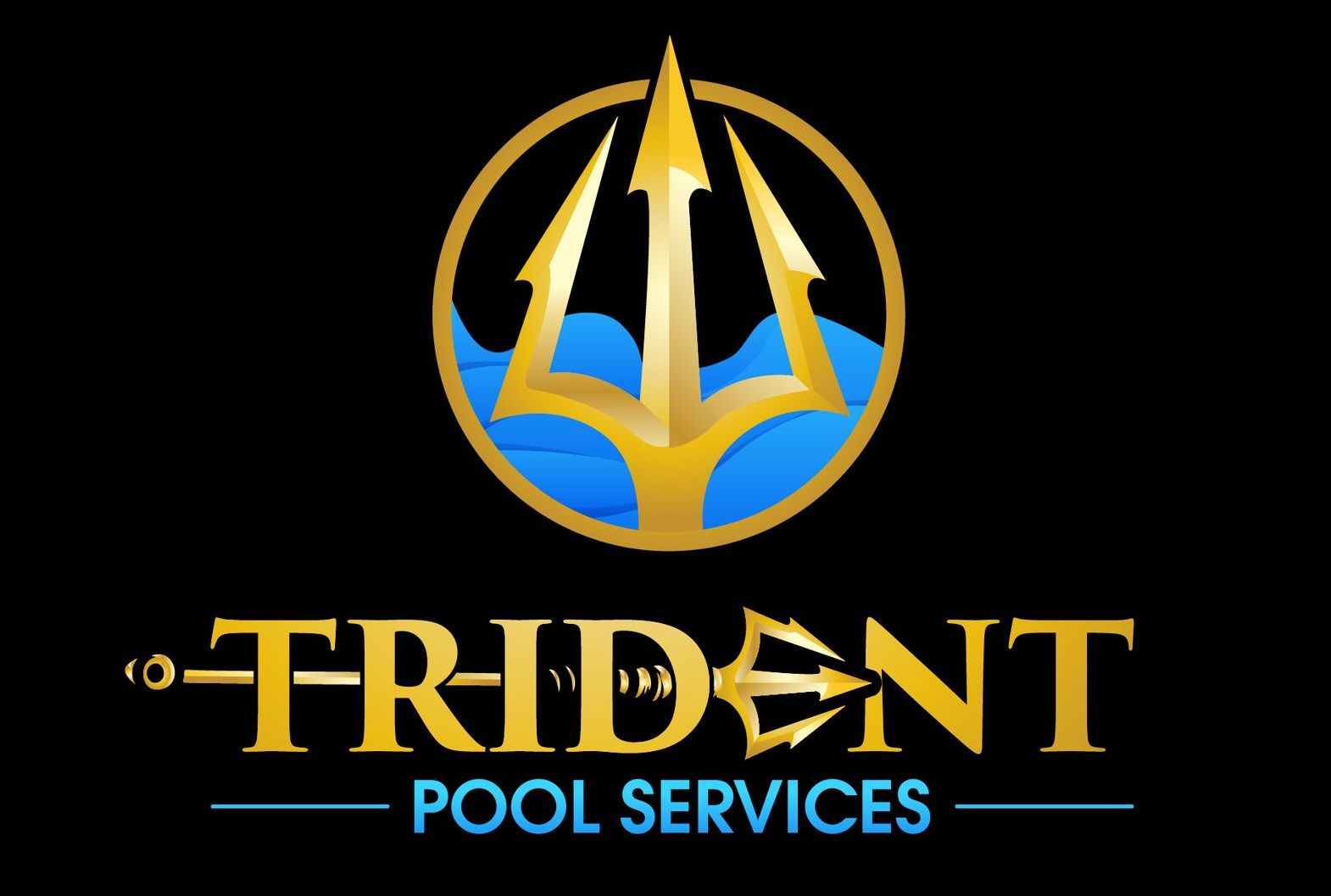 Trident Pool Services logo with gold trident and blue wave design on black background