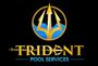 Trident Pool Services logo with gold trident and blue wave design on black background