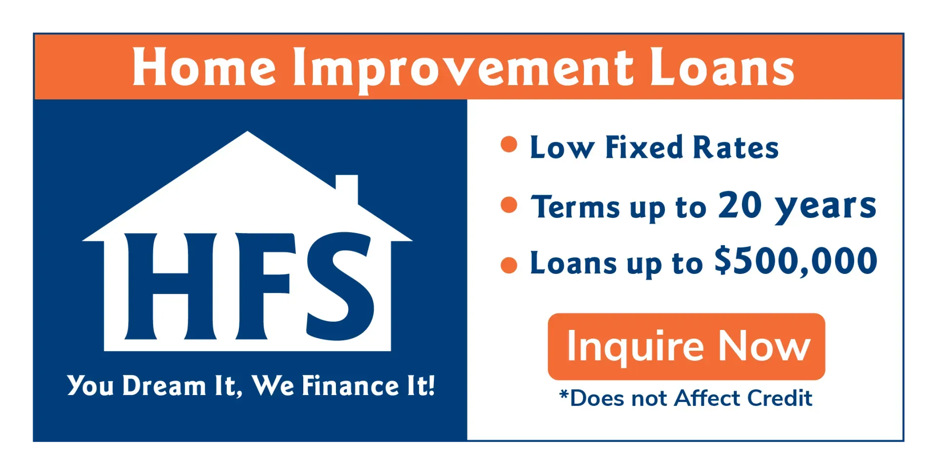 HFS home improvement loans ad with orange header, blue logo, loan details, and “Inquire Now” button