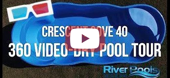 Blue pool-shaped banner with 3D glasses, play icon, and text “Crescendo Cove 40 360 Video Virtual Pool Tour”