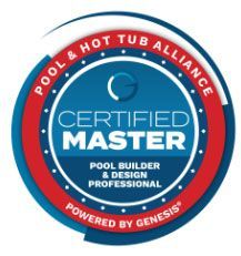 Blue and red circular Certified Master Pool Builder & Design Professional emblem
