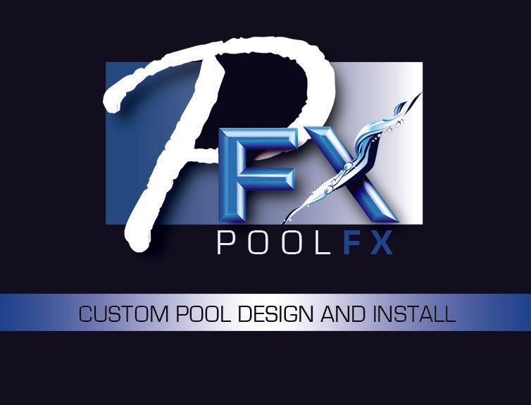 PoolFX logo with blue and white text and “Custom pool design and install” tagline