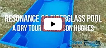 Blue fiberglass pool with text overlay about a dry tour by Sun Hughes