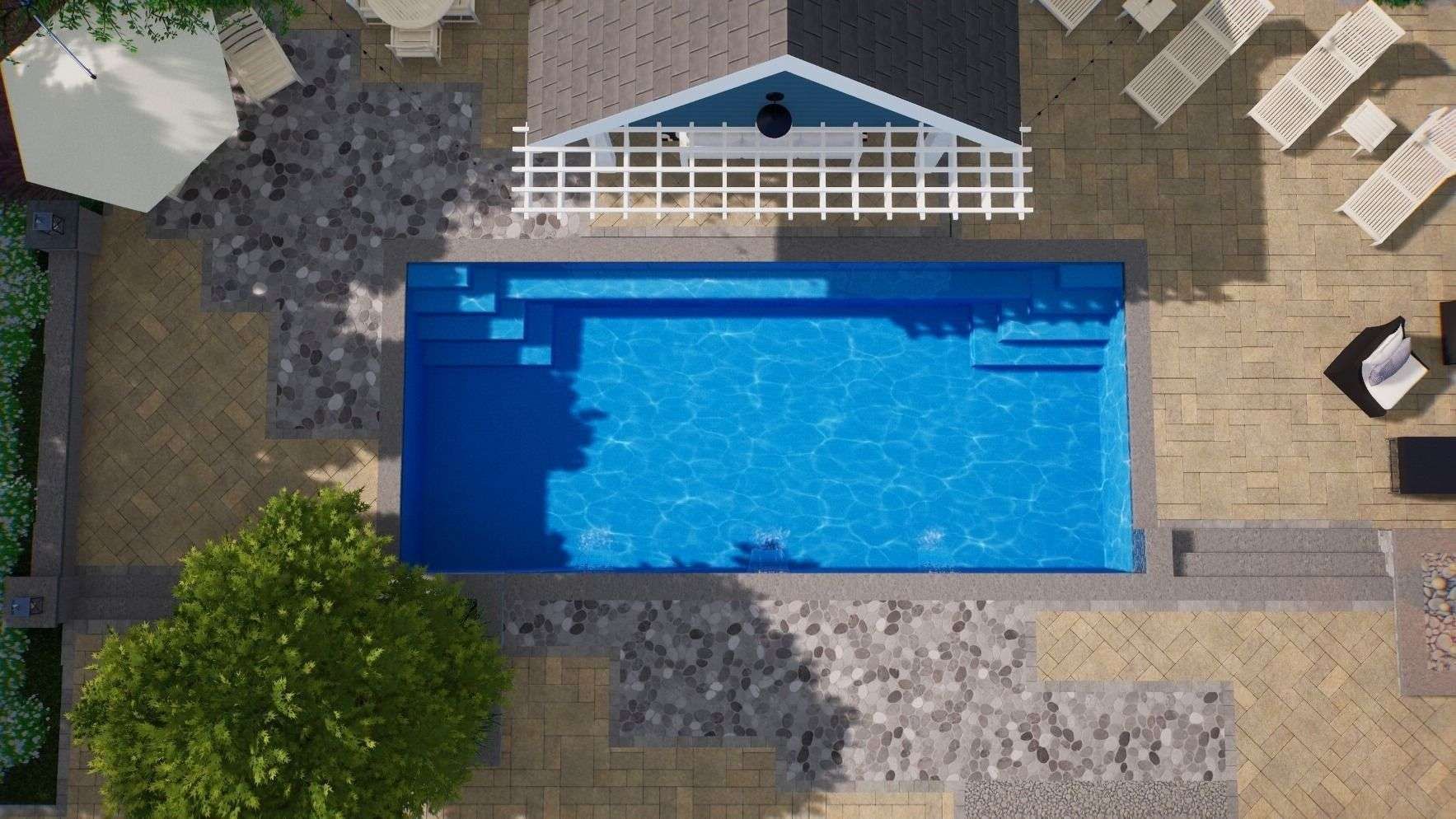 Aerial view of a backyard with a blue swimming pool, deck chairs, and a small white pool house