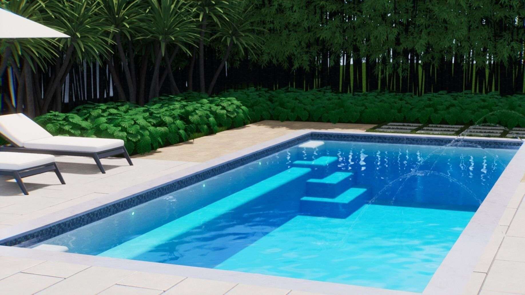Blue backyard swimming pool beside white lounge chairs and lush green hedges.