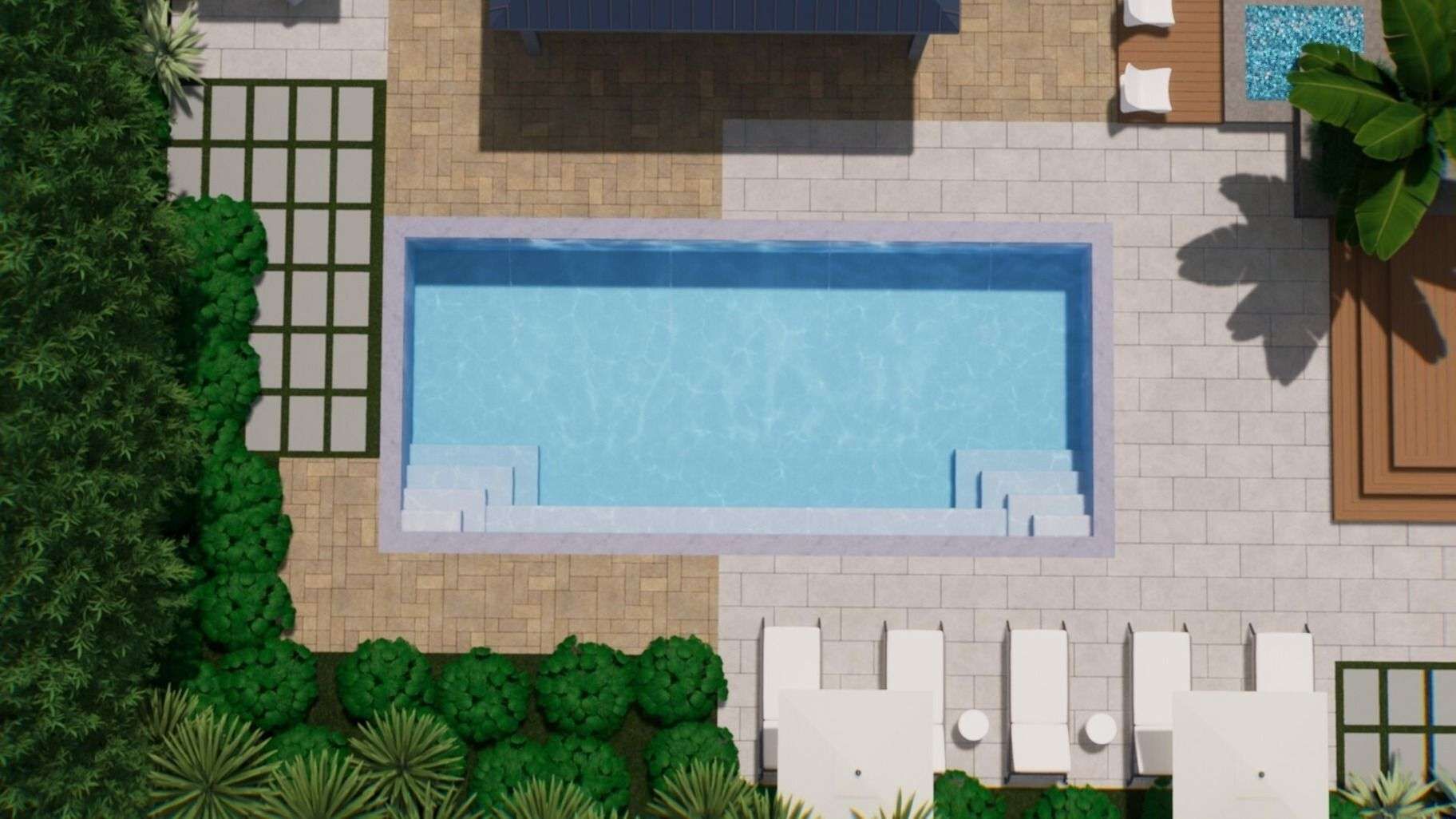 Top-down view of a backyard with a rectangular swimming pool, patio seating, and surrounding greenery.