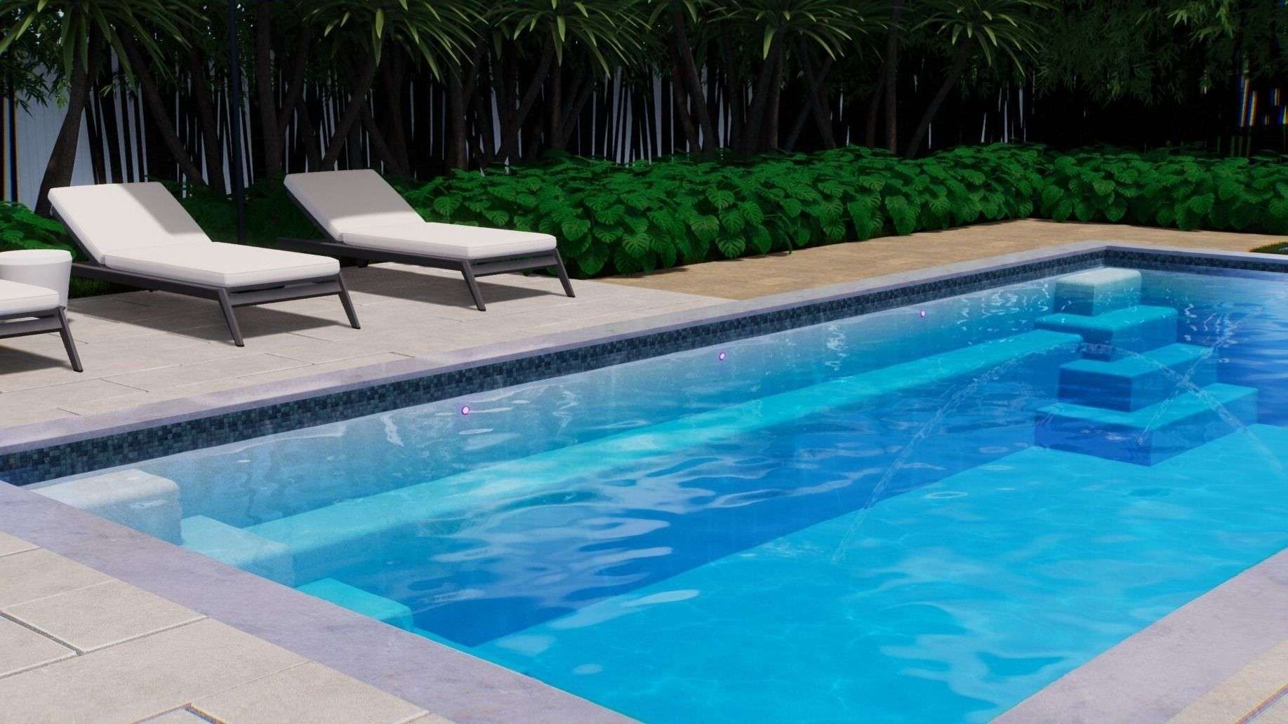 Backyard pool with blue water, white lounge chairs, and green hedges beside a stone patio