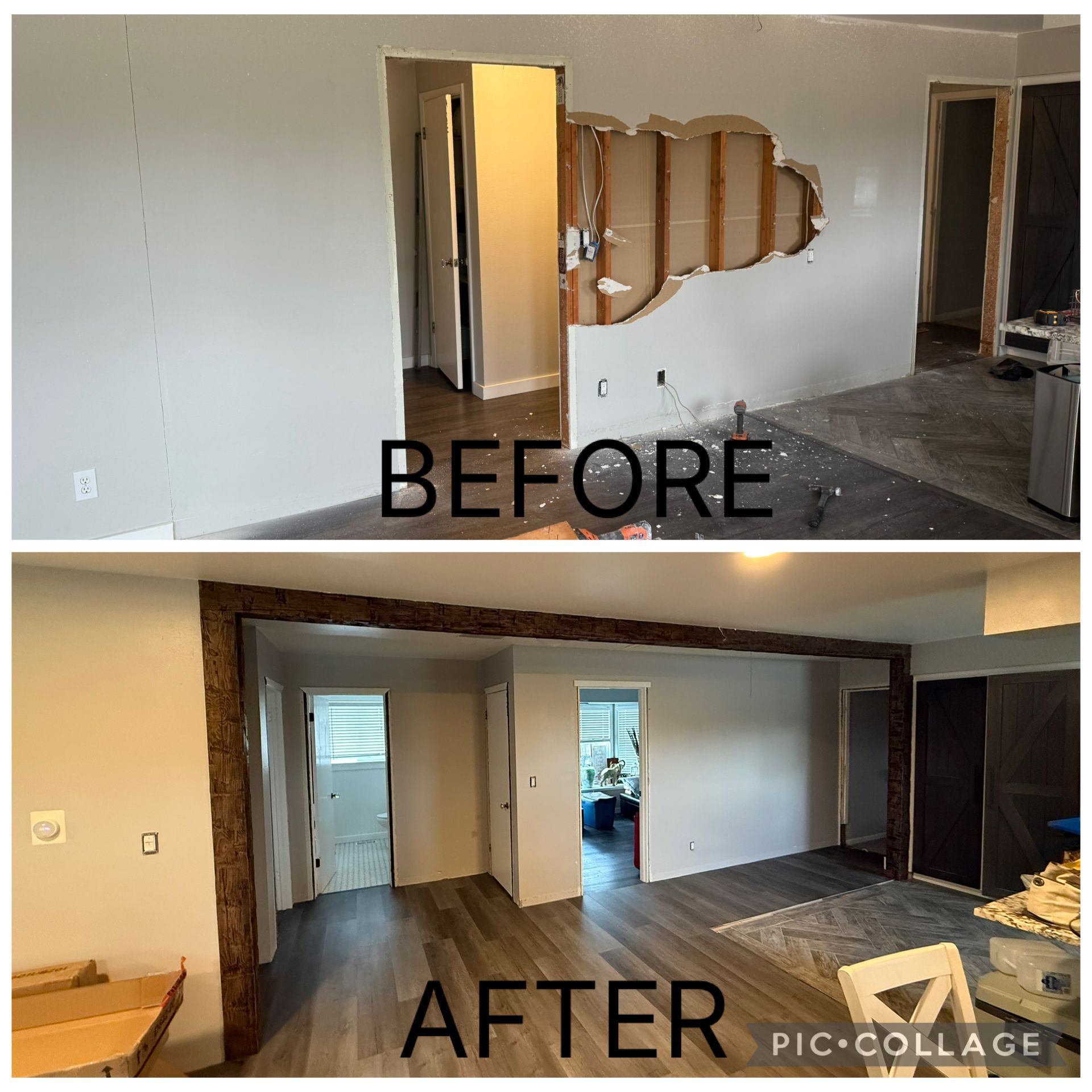 Before-and-after of a room renovation, showing a wall removed to open the space.