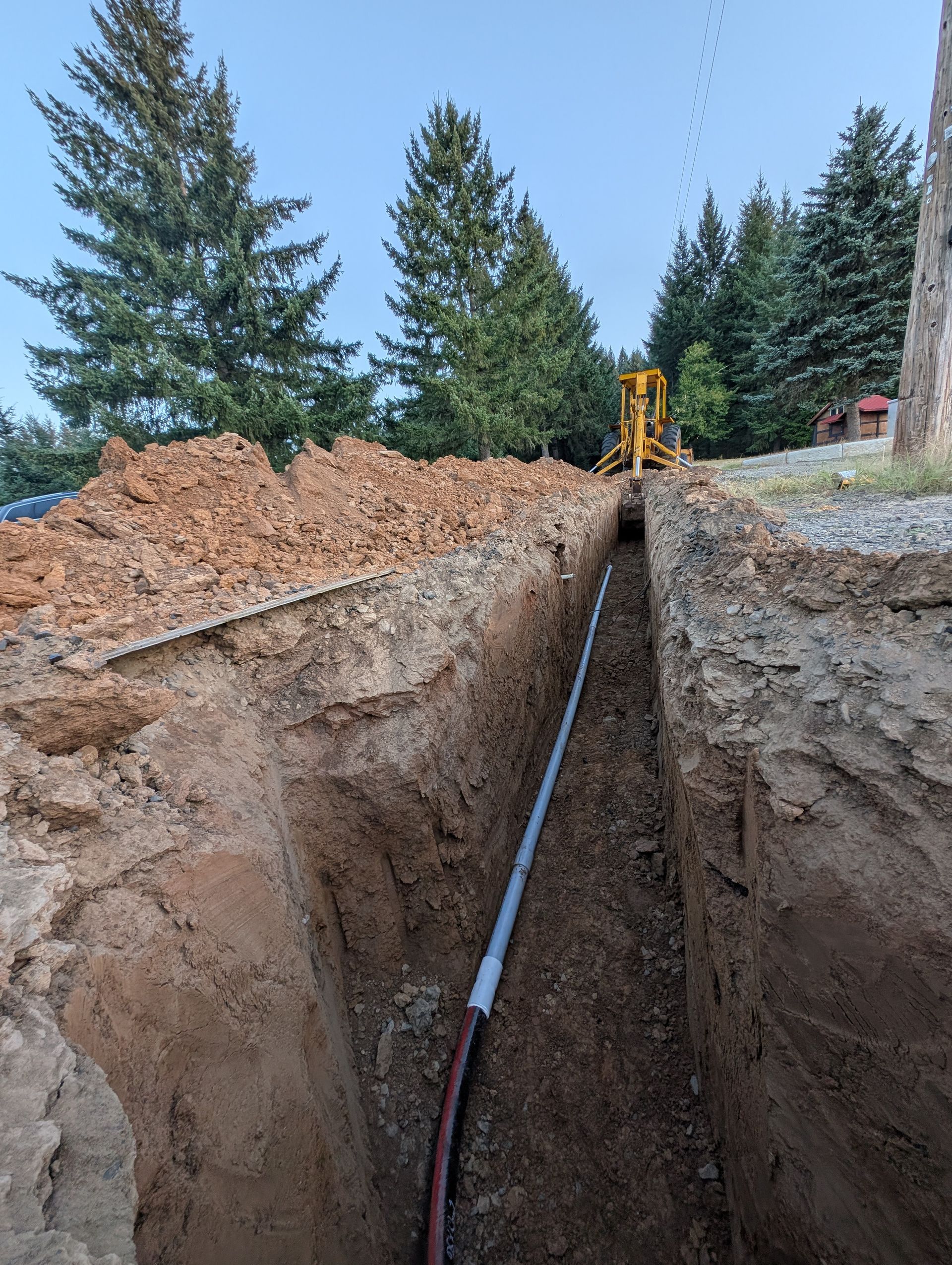 Deep trench with exposed pipe, dirt walls, and construction equipment beside conifer trees