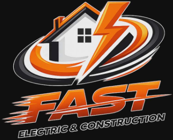 Logo for Fast Electric & Construction featuring an orange lightning bolt over a house icon against a black background.