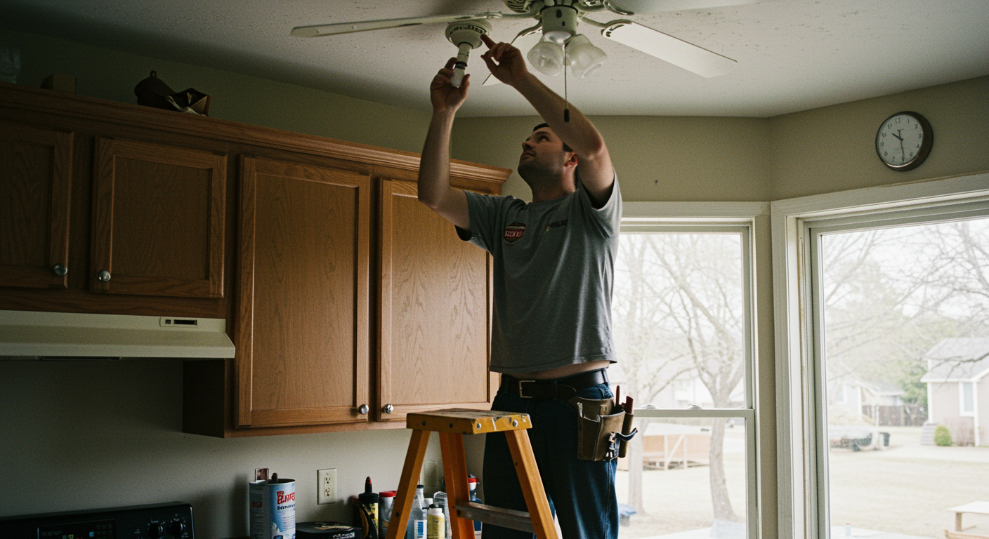 A person stands on a yellow ladder, reaching up to repair a ceiling fan in a kitchen with wooden cabinets.
