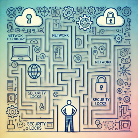 Man facing a maze of network technology icons and security locks.