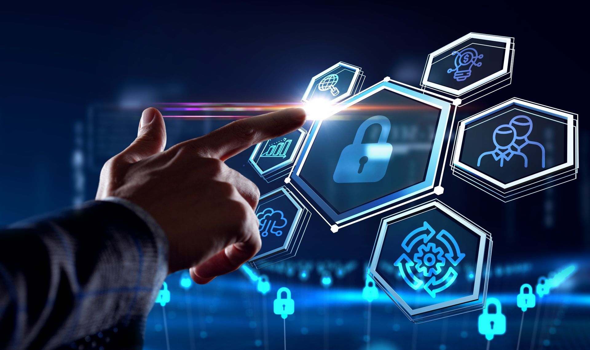 Hand pointing at a digital lock icon, surrounded by cybersecurity symbols. Blue and white, dark background.
