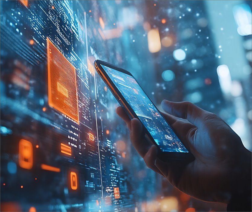 A person is holding a cell phone in their hand in front of a futuristic screen.