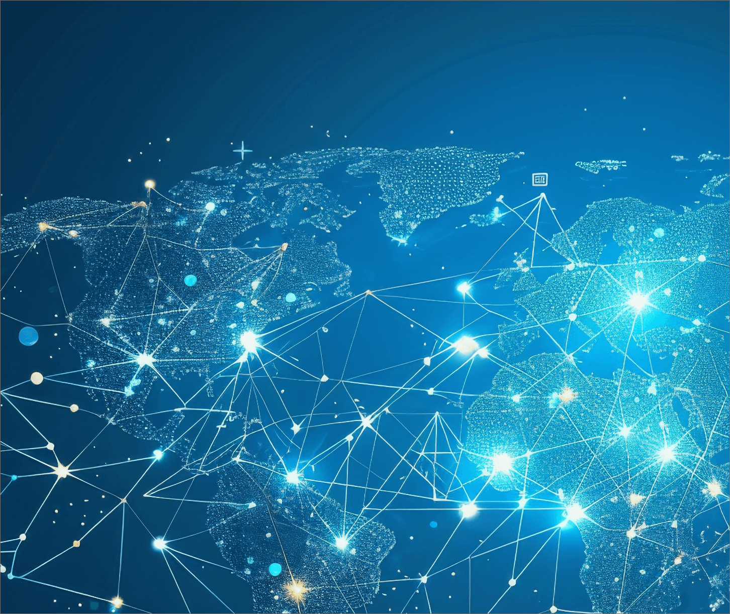 World map overlaid with interconnected glowing nodes and lines, in shades of blue.