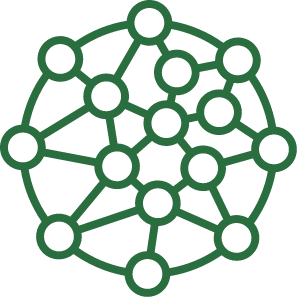 Green connected nodes within a circle, depicting a network or interconnected system.