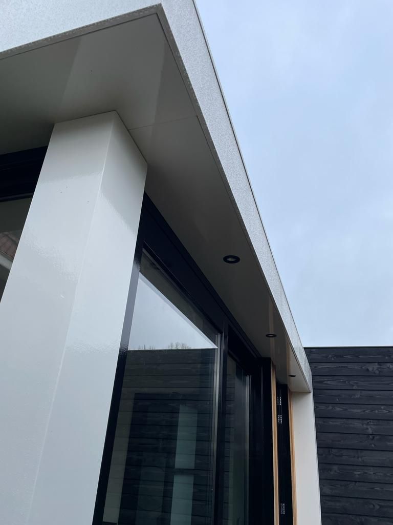 Moderne huisgevel met een witte overkapping, glazen deur en donkere houten gevelbekleding.