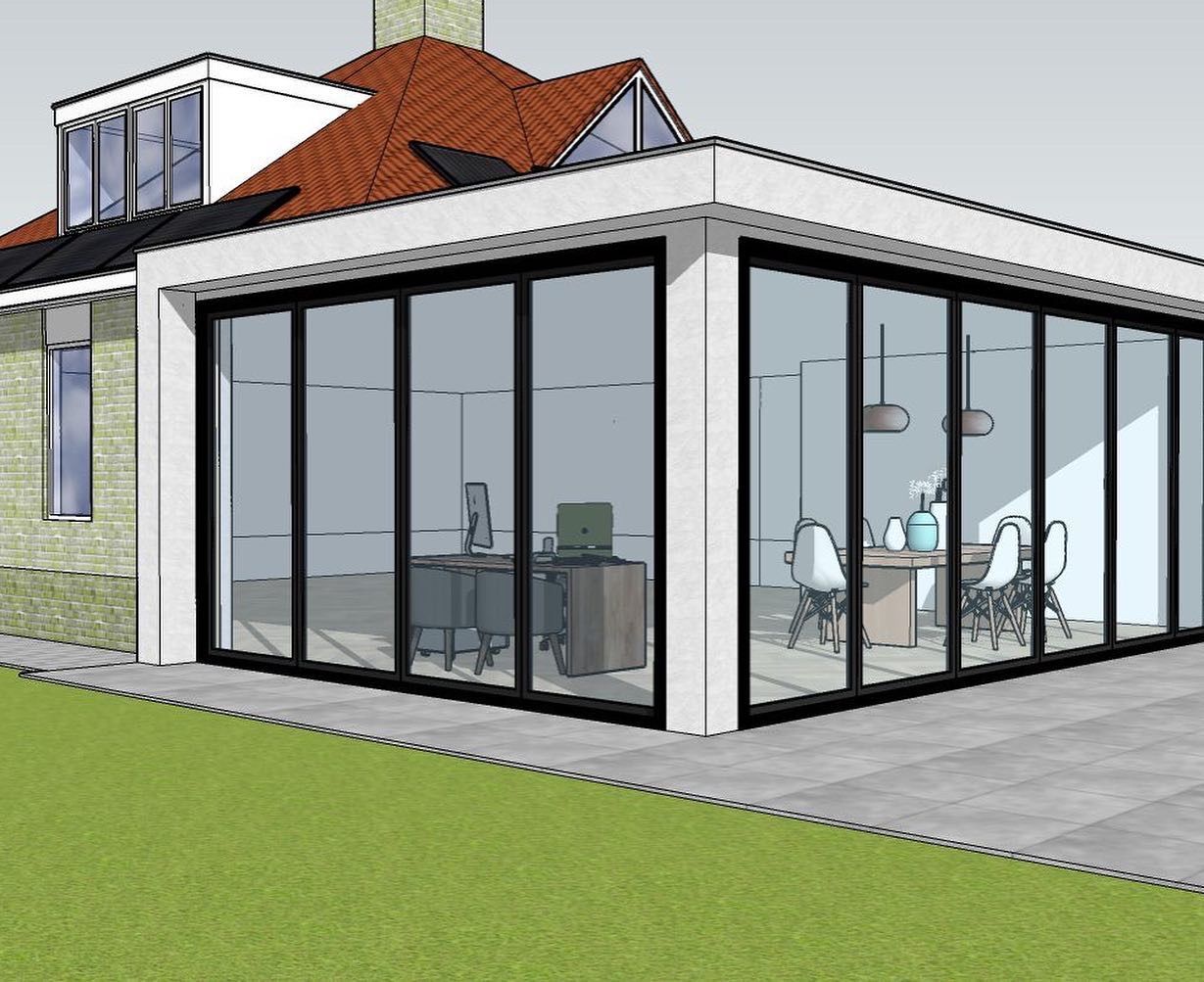 3D ontwerp aanbouw met glaspartijen voor verbouwing