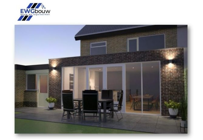 EWGbouw aannemer. Render moderne aanbouw aan bakstenen woning.