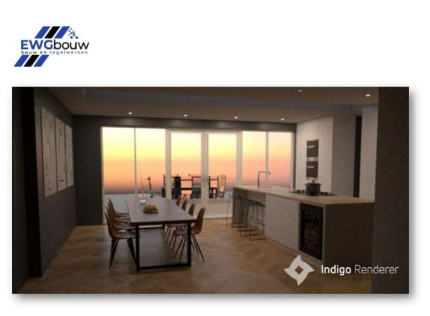 Moderne keuken en eetkamer voor verbouwing door aannemer. Open ruimte met veel glas.