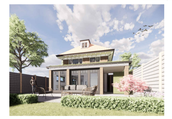 Moderne woning met twee verdiepingen, een patio, tuinhagen en een bloeiende roze boom onder een stralende hemel.