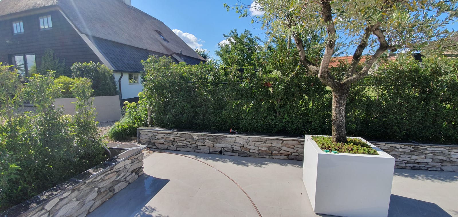 Terras met steenmuur en witte plantenbak. Tuinontwerp verbouwing modern.