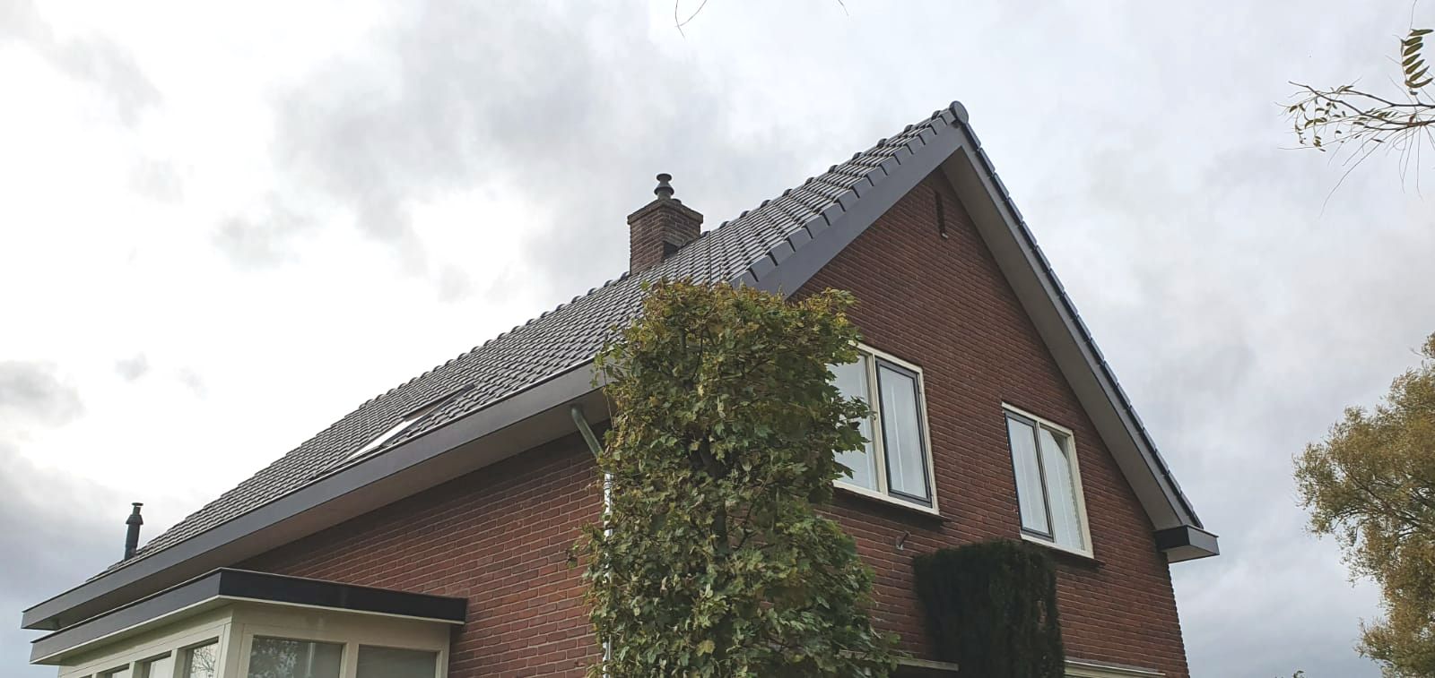 Bakstenen huis met een steil pannendak en klimop die tegen de zijkant omhoog klimt onder een bewolkte hemel.