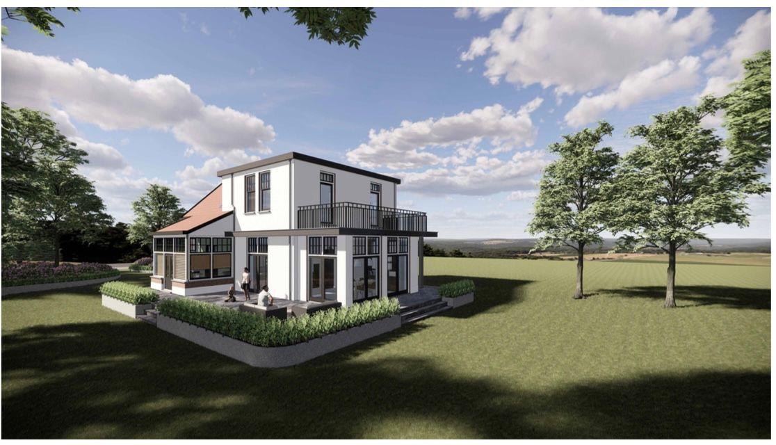 3D render moderne woning. Ontwerp nieuwbouw of renovatie. Architectuur visualisatie huis.