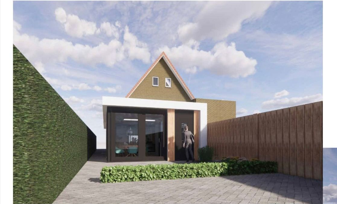 3D tekening Garageverbouwing carport uitbouw woning.
