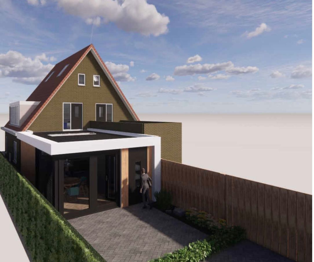 3D-weergave van een klein huis met een steil dak, veranda, oprit en omheinde tuin onder een blauwe hemel.