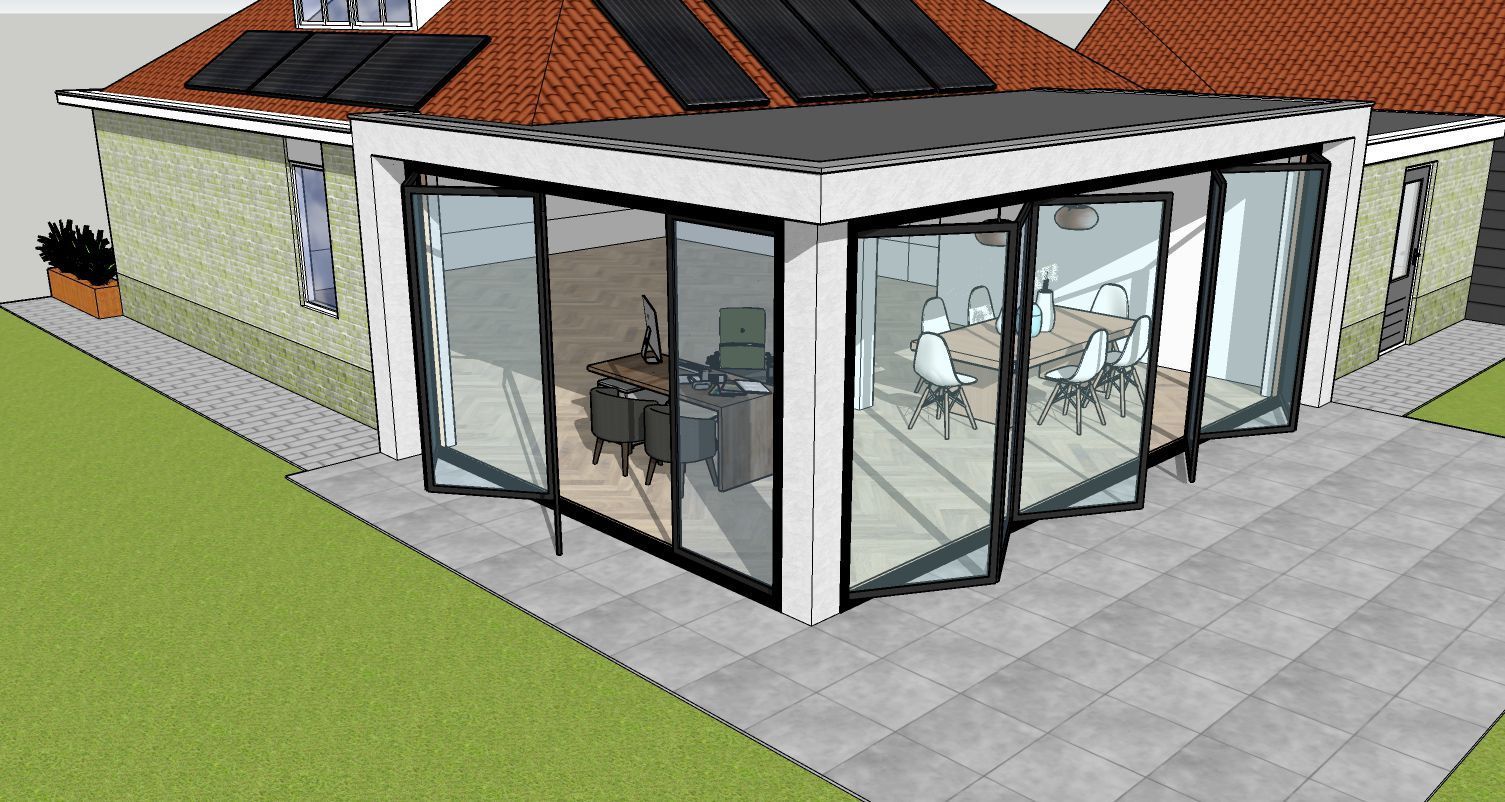 3D-visualisatie aanbouw met glazen gevels en eetkamer 