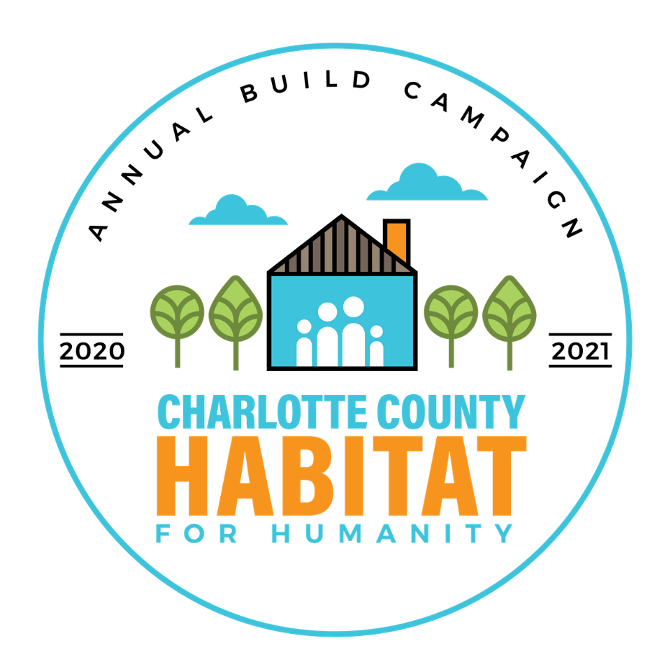 Charlotte County Habitat for Humanity annual build campaign logo with house, trees, clouds, and 2020–2021
