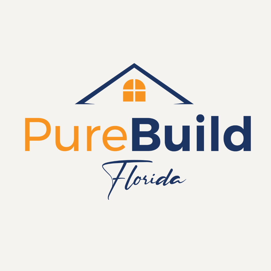 PureBuild Florida logo with blue roof, orange window, and orange-blue text on a light background