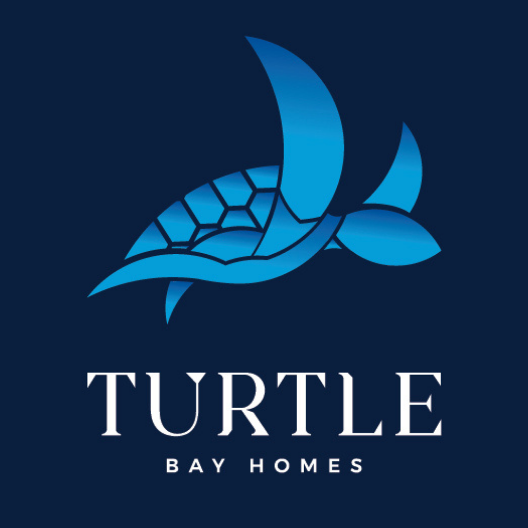Blue turtle logo with “TURTLE BAY HOMES” text on a dark background