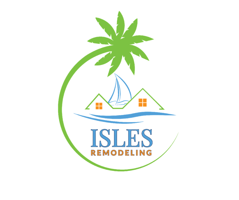 Isles Remodeling logo with palm tree, house, and sailboat in green, blue, and orange