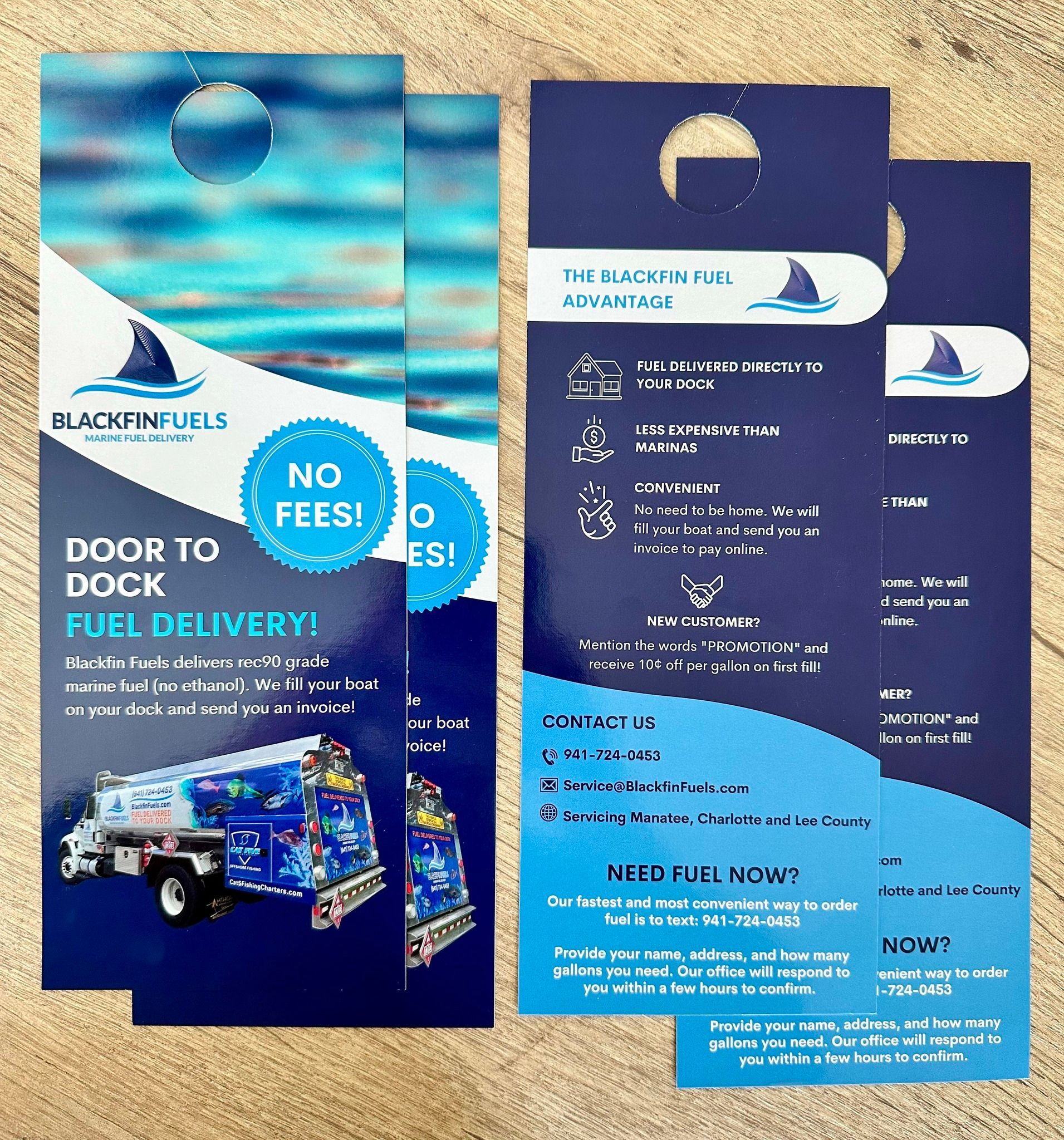 Blue and navy fuel delivery flyer and business cards with dock truck graphic and “No Fees” badge