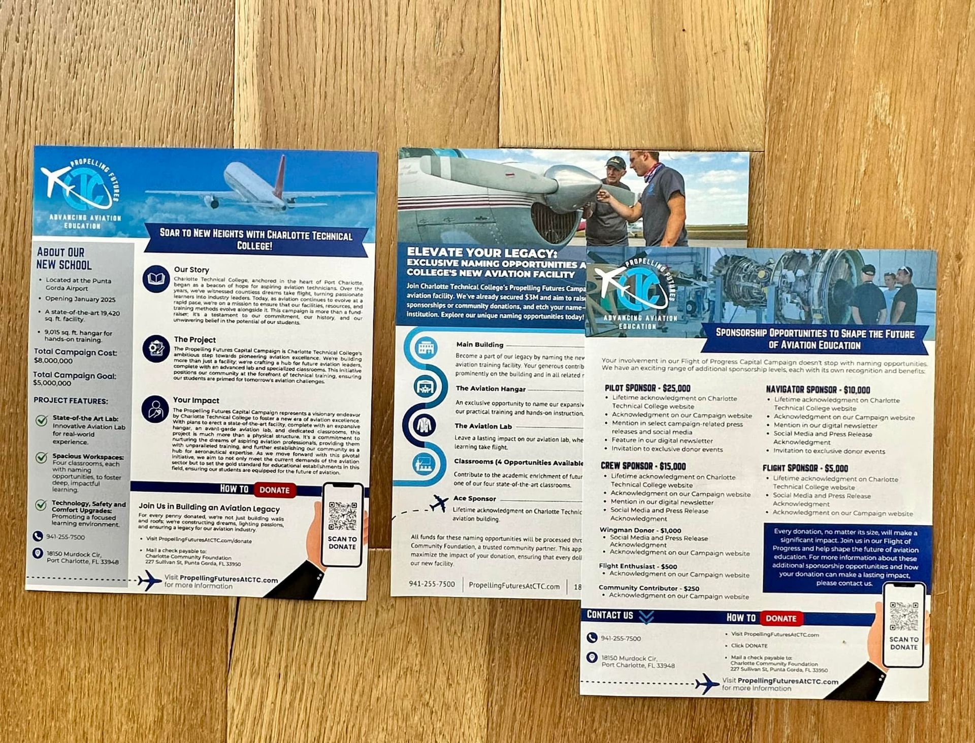 Flyers and notices taped to a corkboard, mostly blue and white, with airport-themed graphics.