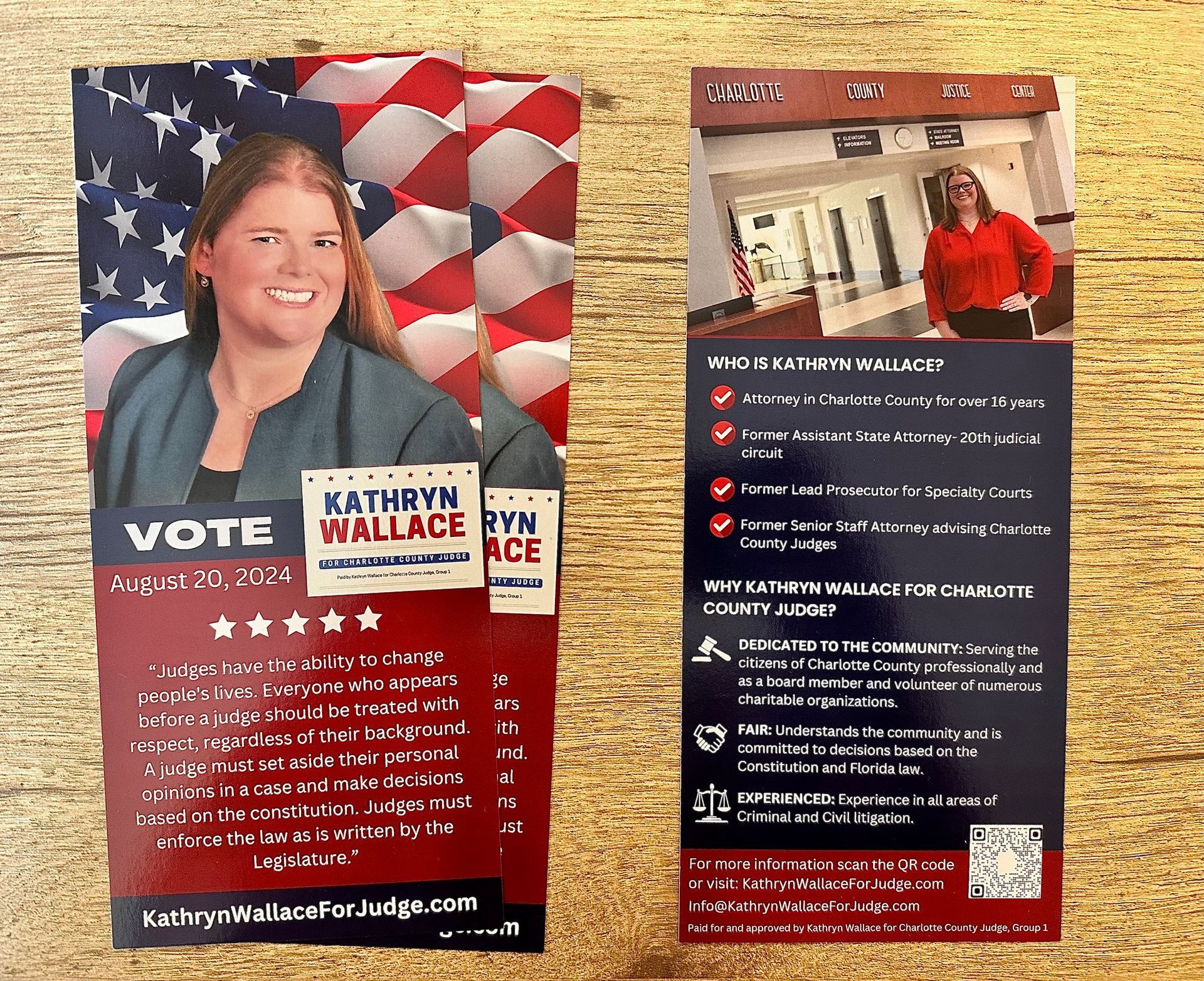 Campaign flyer for Katy Wallace with U.S. flag background and vote information, shown front and back